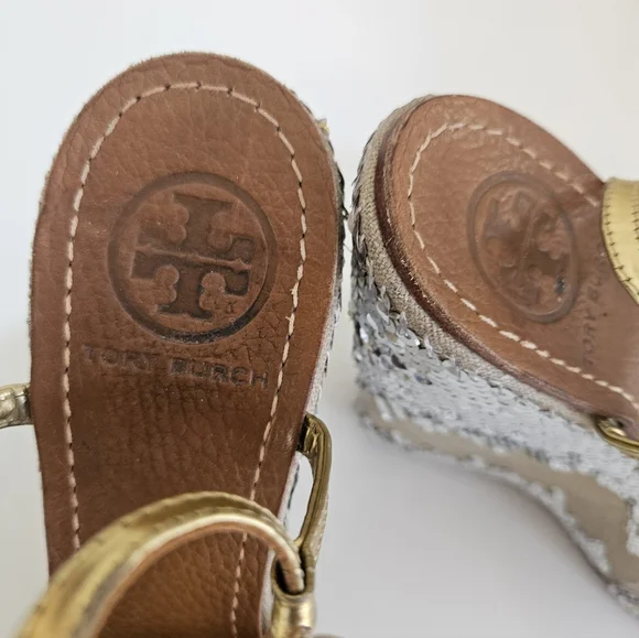 Tory Burch Gold Sequin Wedge Heel Sandals - Picture 3 of 9